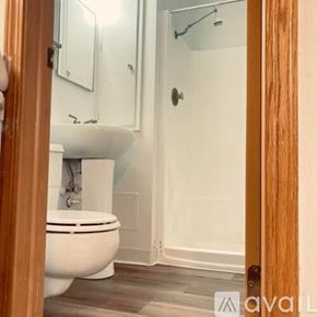La Crosse apartment for rent - A white toilet is in a bathroom with a wooden door.