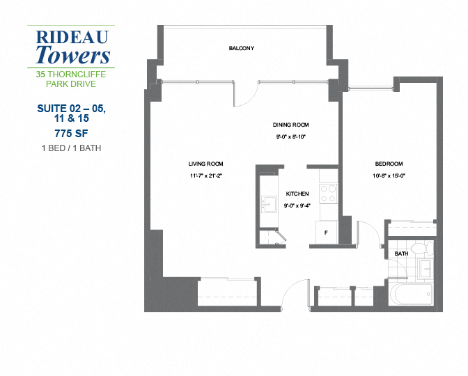 Floor plan for 1 bed, 1 bath, 775 sqft