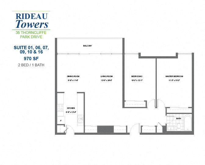 Floor plan for 2 beds, 1 bath, 970 sqft