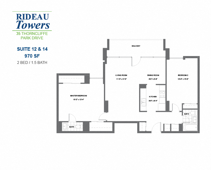 Floor plan for 2 beds, 1.5 baths, 970 sqft