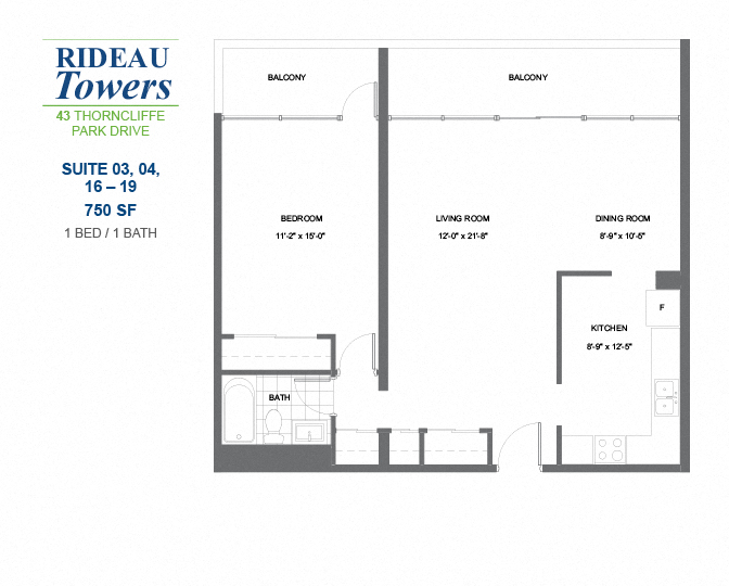 Floor plan for 1 bed, 1 bath, 750 sqft