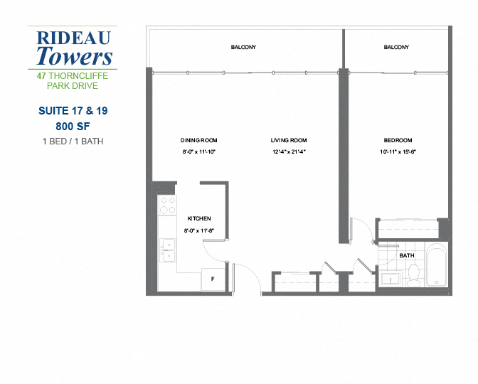 Floor plan for 1 bed, 1 bath, 860 sqft