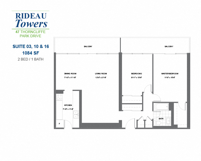 Floor plan for 2 beds, 1 bath, 1084 sqft