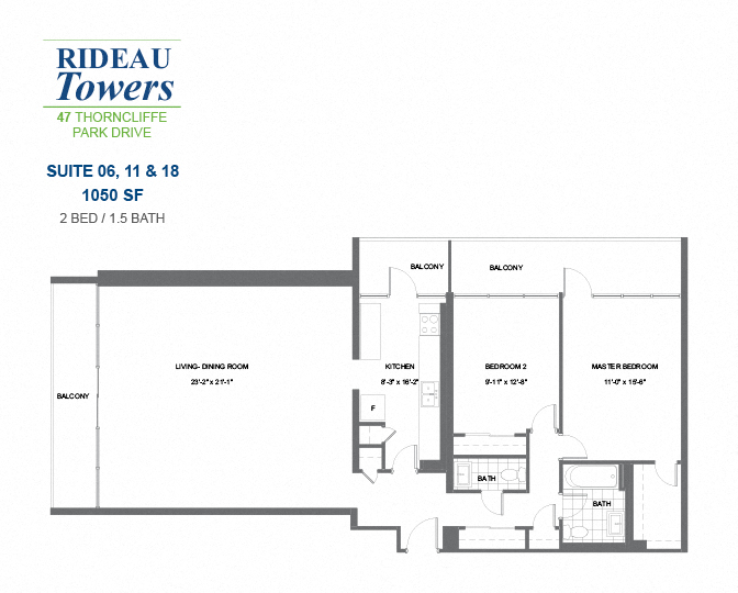 Floor plan for 2 beds, 1.5 baths, 1050 sqft