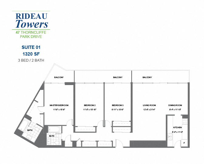 Floor plan for 3 beds, 2 baths, 1320 sqft