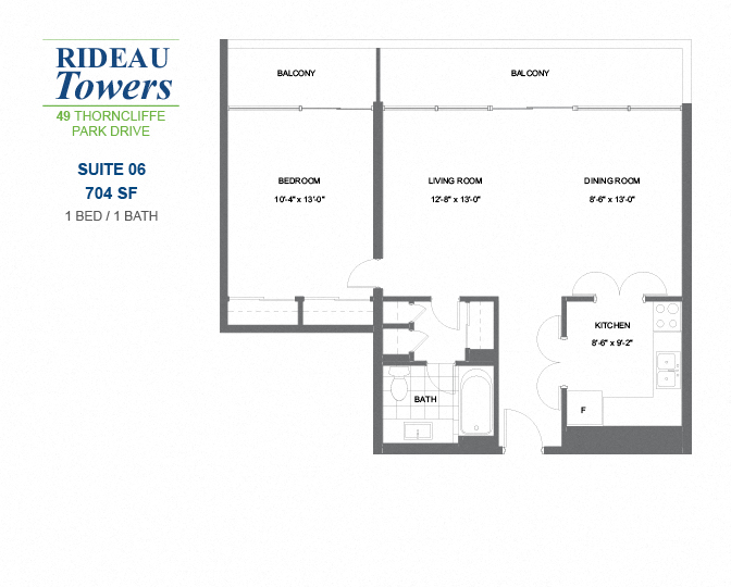 Floor plan for 1 bed, 1 bath, 860 sqft