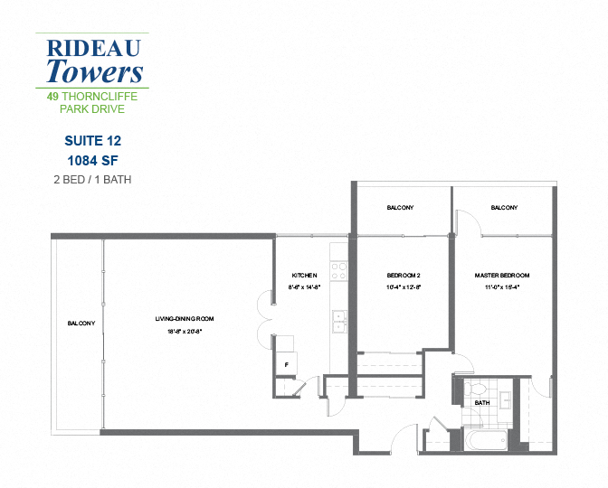 Floor plan for 2 beds, 1 bath, 1084 sqft