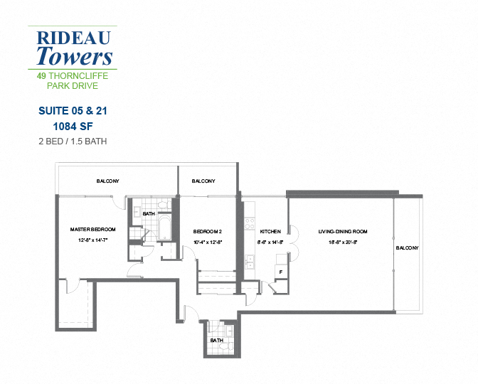 Floor plan for 2 beds, 1.5 baths, 1084 sqft