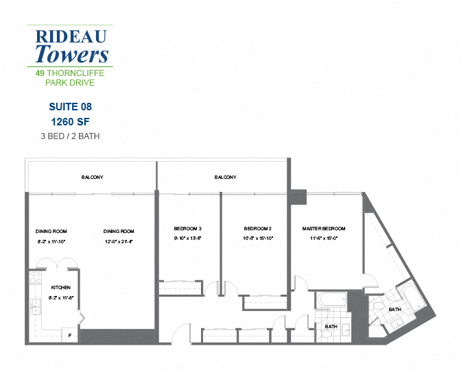 Floor plan for 3 beds, 2 baths, 1260 sqft