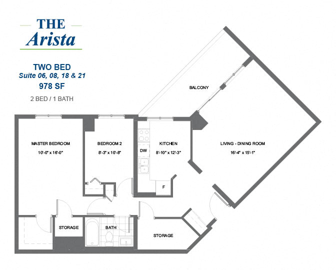 Floor plan for 2 beds, 1 bath, 978 sqft