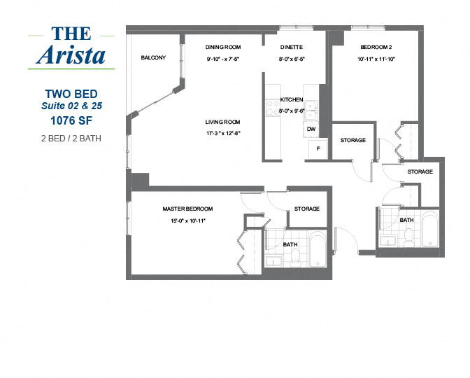 Floor plan for 2 beds, 2 baths, 1076 sqft