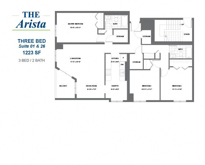 Floor plan for 3 beds, 2 baths, 1223 sqft