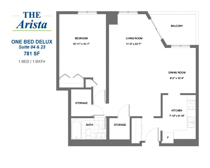 Floor plan for 1 bed, 1 bath, 743 sqft