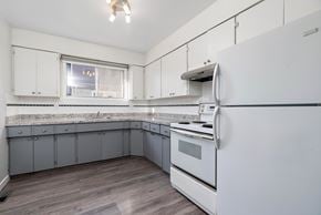 Edmonton apartment for rent - A kitchen with a white oven and grey cabinets.