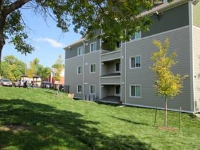 Des Moines apartment for rent - A tree with yellow leaves stands in front of a grey apartment building.
