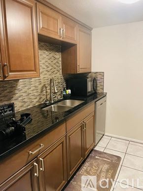 St. Petersburg house for rent - A kitchen with wooden cabinets and a black countertop.