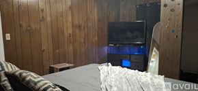 Magnolia house for rent - A bedroom with a bed, a TV and wooden walls.
