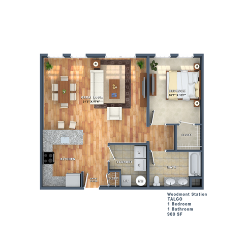 Floor plan for 1 bed, 1 bath, 900 sqft