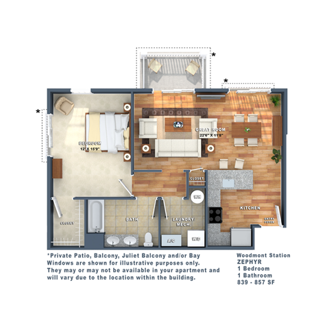 Floor plan for 1 bed, 1 bath, 850 sqft