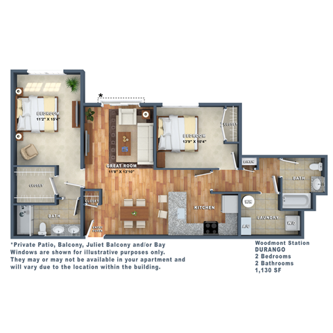 Floor plan for 2 beds, 2 baths, 1130 sqft
