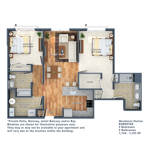 Floor plan for 2 beds, 2 baths, 1150 sqft