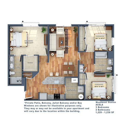 Floor plan for 3 beds, 2 baths, 1230 sqft