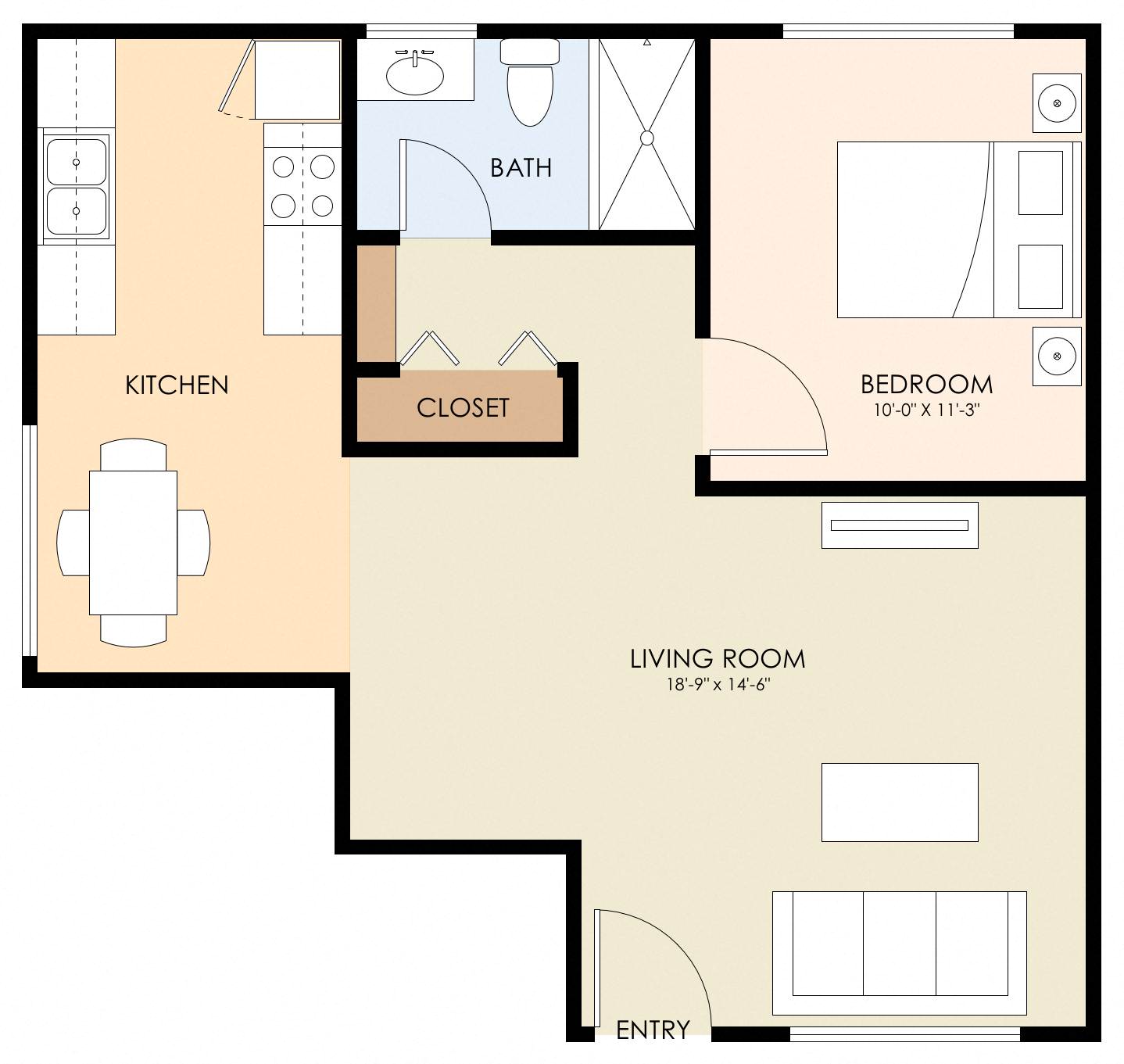 Floor plan for 1 bed, 1 bath, 578 sqft
