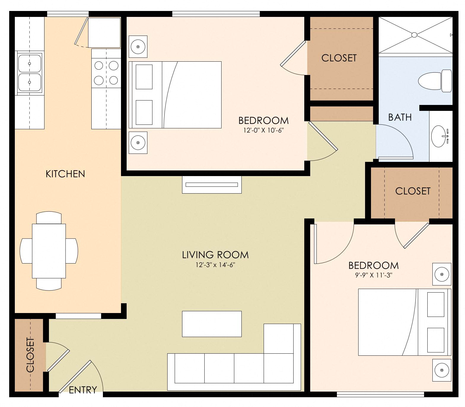 Floor plan for 2 beds, 1 bath, 747 sqft
