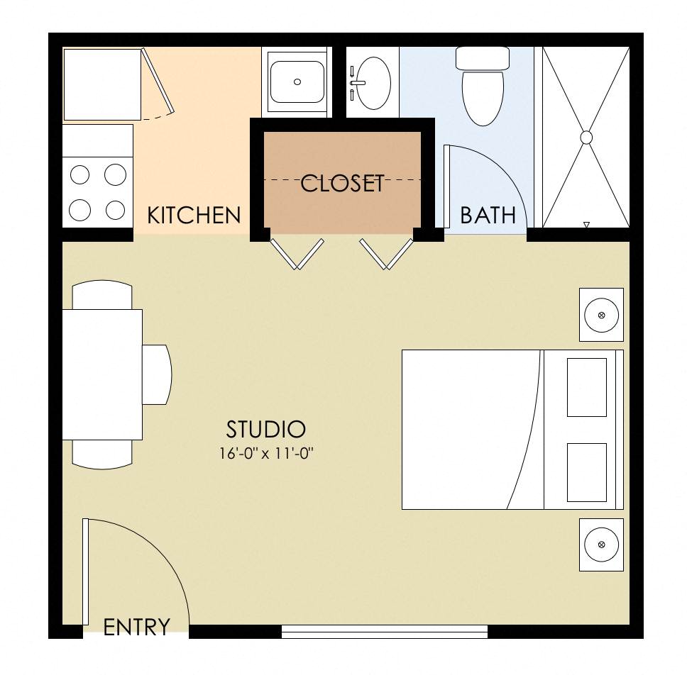 Floor plan for studio, 1 bath, 262 sqft