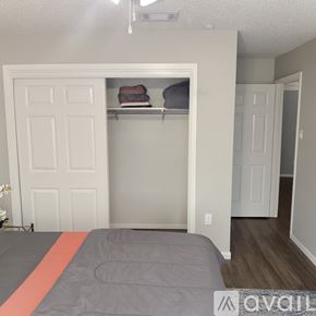 Austin apartment for rent - A bedroom with a bed and a closet.