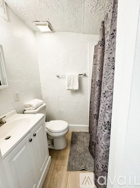 Salt Lake City apartment for rent - A white bathroom with a toilet, sink, and shower curtain.