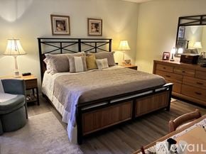 Palm Springs condo for rent - A bedroom with a large bed, a chair, and a nightstand with a lamp.