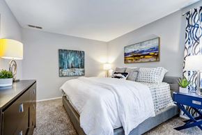 Silver Spring apartment for rent - A bedroom with a bed, nightstand, and two lamps.