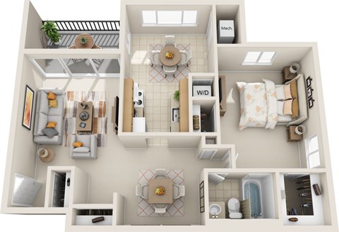 Floor plan for 1 bed, 1 bath, 744 sqft