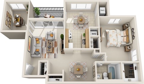 Floor plan for 1 bed, 1 bath, 883 sqft