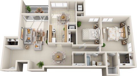 Floor plan for 2 beds, 2 baths, 1037 sqft