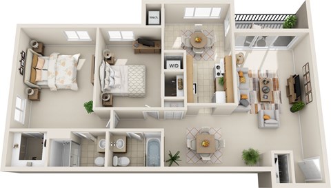 Floor plan for 2 beds, 2 baths, 978 sqft