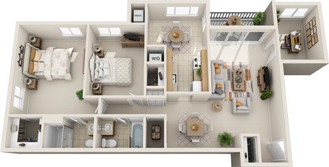 Floor plan for 2 beds, 2 baths, 1009 sqft