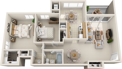 Floor plan for 2 beds, 1 bath, 978 sqft