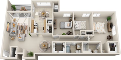 Floor plan for 3 beds, 2 baths, 1227 sqft