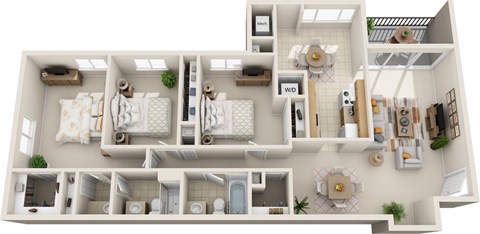 Floor plan for 3 beds, 2 baths, 1287 sqft