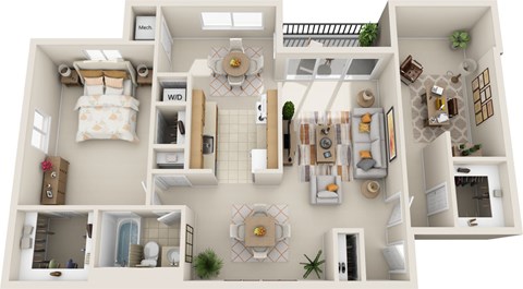 Floor plan for 1 bed, 1 bath, 882 sqft