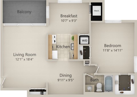 Floor plan for 1 bed, 1 bath, 737 sqft