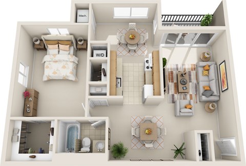 Floor plan for 1 bed, 1 bath, 805 sqft
