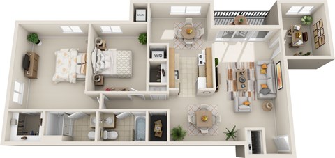Floor plan for 2 beds, 2 baths, 1085 sqft