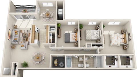 Floor plan for 3 beds, 2 baths, 1227 sqft