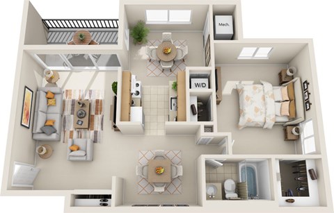 Floor plan for 1 bed, 1 bath, 778 sqft