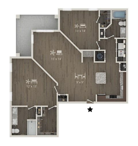 Floor plan for 2 beds, 2 baths, 1326 sqft
