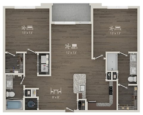Floor plan for 2 beds, 2 baths, 1149 sqft