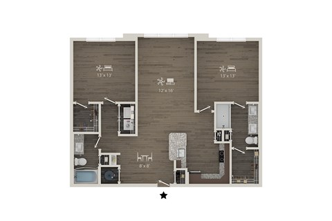 Floor plan for 2 beds, 2 baths, 1201 sqft